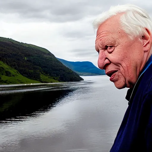 Prompt: Sir David Attenborough at Loch Ness looking at the Loch Ness Monster