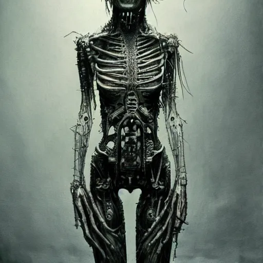 Image similar to charlotte kemp muhl turning into a lovecraftian cyborg android, giger, beksinski, dramatic lighting, fine detail, high resolution, high contrast