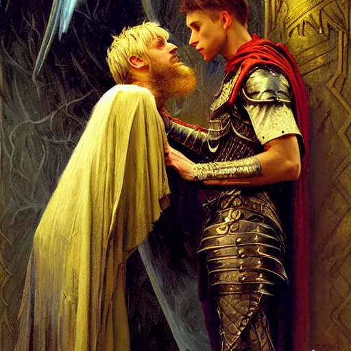 Image similar to attractive arthur pendragon with attractive male merlin the mage. they are in love. highly detailed painting by gaston bussiere, craig mullins, j. c. leyendecker