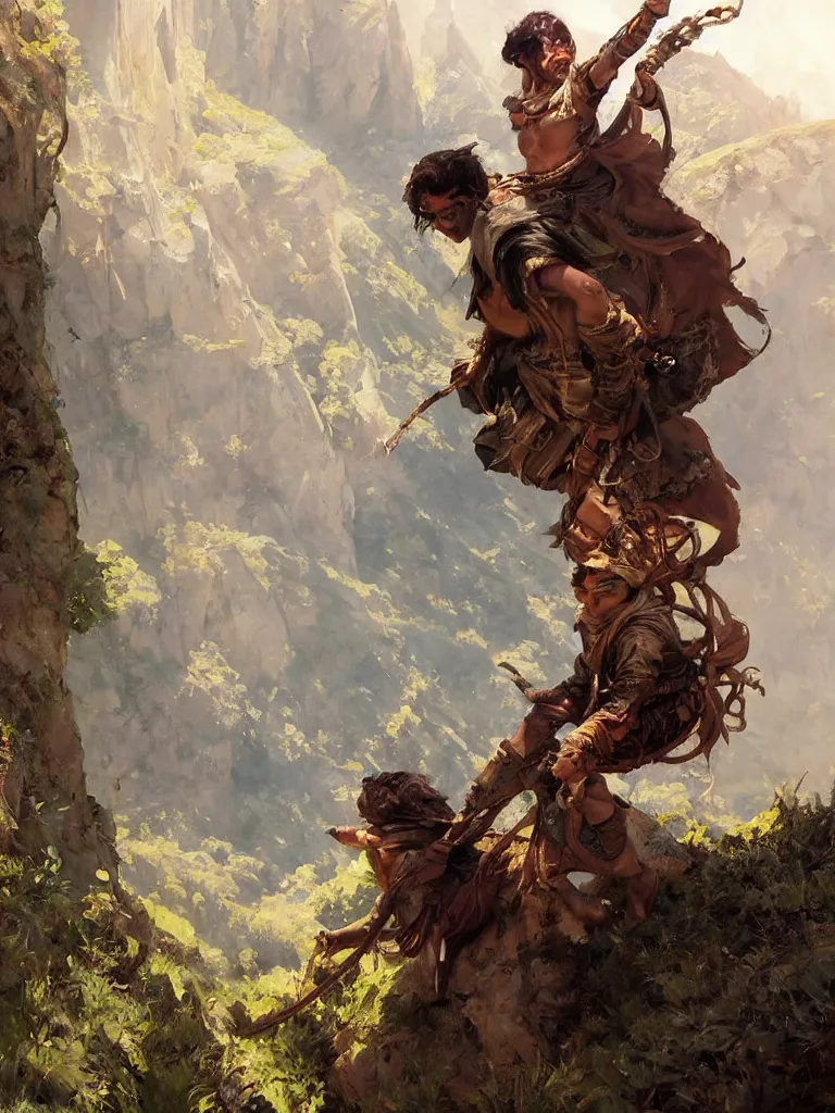 Prompt: oil art close - up view of one single young roma mage adventurer climbing down a cliffside in style of disco elysium character, gipsy jester character design from ravenloft, art by anders zorn, wonderful masterpiece by greg rutkowski, beautiful cinematic light, american romanticism by greg manchess, jessica rossier