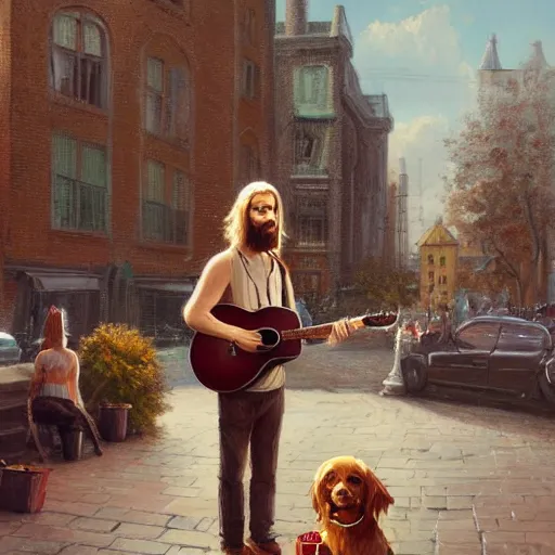 Image similar to oil painting of a young man with long hair blond and a beard hippie style with his golden retrever dog playing guitar in the square for money, people watching around, by greg rutkowski, artstation