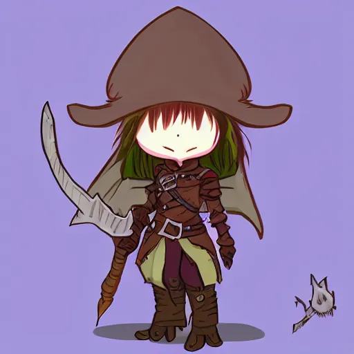 Prompt: cute tiny goblin girl with green skin wearing hunter armor from Bloodborne and a wizard hat, d&d, digital art, picrew