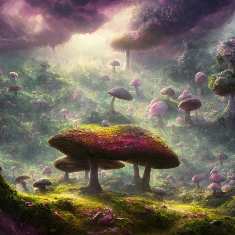 Image similar to incredibly detailed fantasy landscape of a valley with gigantic mushrooms and lichen, god rays, bokeh, raining, pink and blue color scheme, trending on artstation, 8k