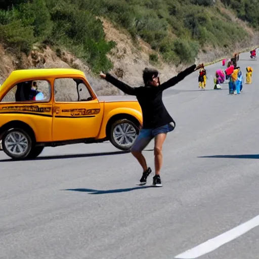 Prompt: un mono bailando salsa en la carretera pasando los coches alrededor