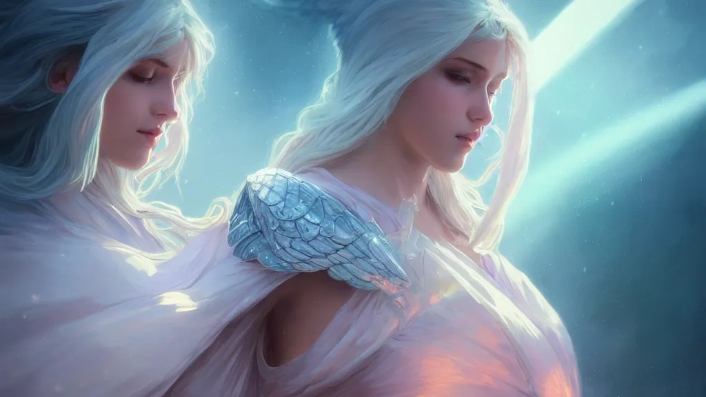 Image similar to one angel, big wings, low key light, full plate armor with cloth, f 1 6, bokeh, extreme close up portrait, gentle, female, mountain, storm, god rays, landscape, d & d, fantasy, elegant, teal pink white gold color palette, concept art, artgerm and greg rutkowski and alphonse mucha