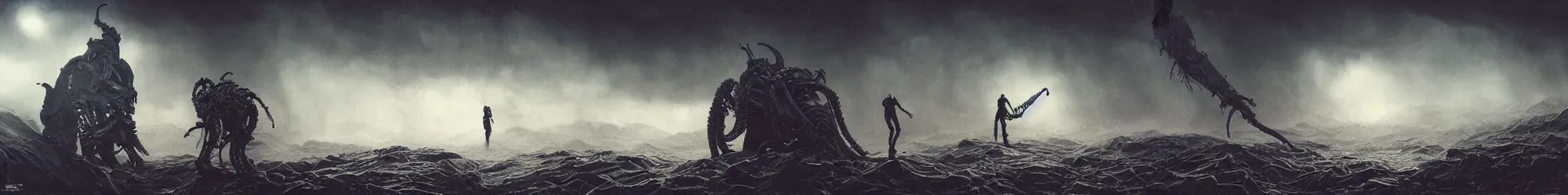 Image similar to photo of xenomorph London, Les Edwards, Zdzislaw Beksinski, Carl Gustav Carus, John Harris, Michal Karcz, Zhang Kechun, Mikko Lagerstedt, Scott Listfield, Steven Outram, Jessica Rossier.