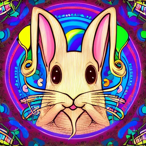 Prompt: portrait friendly cute happy stylish realistic rainbow rabbit. background in the style of art nouveau. lively. colorful. hd.