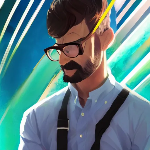 Prompt: Athletic Man in his 30s, dark blond and salt-and-pepper hair with a short beard, thick dark glasses, blue eyes, big nose, wearing stripe shirt, jean and multicolor shoes, digital painting, 4k, anime , rays of light, particles light, artstation, kuvshinov ilya, landscape by Noah Bradley