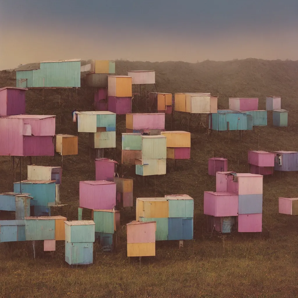 Prompt: vertically stacked makeshift squatter shacks with pastel colours, plain uniform sky at the back, misty, mamiya, ultra sharp, very detailed, photographed by alejandro jodorowsky