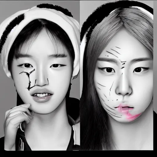 Image similar to hyper realistic k - pop idol black and white portrait with facial scars