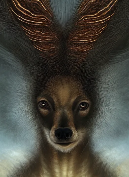 Image similar to deer chihuahua huge ominous glowing brown eyes staring into my soul, perfect eyes, soft pale golden skin, intricate stunning highly detailed, Agostino Arrivabene, Tomasz Strzalkowski, twisted bright lucid dream, 8k portrait render, angel wings, swirling thick smoke , beautiful lighting, dark fantasy art, cgsociety