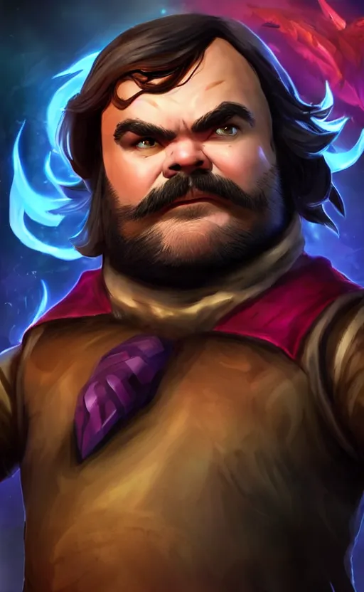 Image similar to Jack Black as a character in the game League of Legends, with a background based on the game League of Legends, detailed face, old 3d graphics