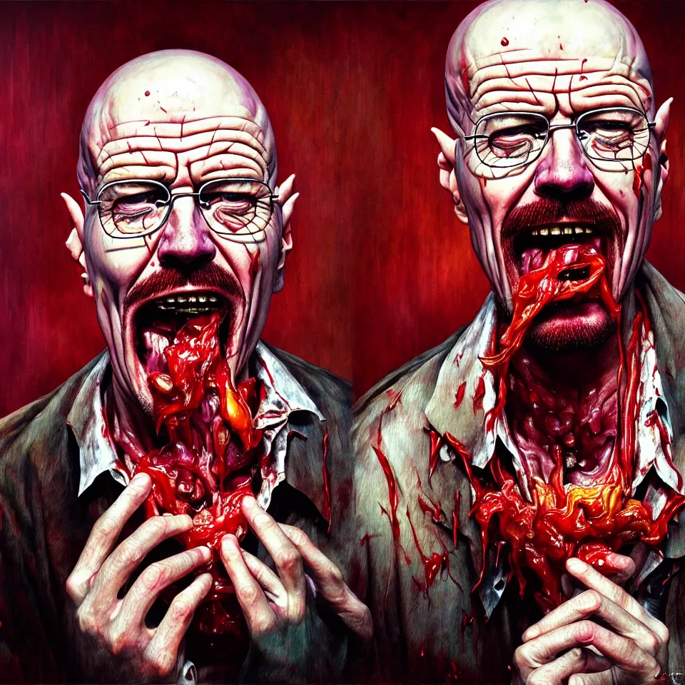 Image similar to weird and disturbing psychedelic walter white eating rotten flesh, laughing and puking blood, diffuse lighting, fantasy, intricate, elegant, highly detailed, lifelike, photorealistic, oil painting, illustration, concept art, smooth, sharp focus, art by francis bacon
