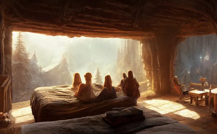 Image similar to painting of a series of living quarters overlooking communal area carved inside a mountain, cozy bed, well maintained, clean, medieval, fantasy genre, natural light, fantasy, natural light, concept art, by greg rutkowski and craig mullins, cozy atmospheric and cinematic lighting, trending on artstation