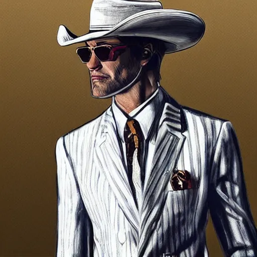 Prompt: “A man with white zebra stripe suit on, featuring sunglasses and a big cowboy hat, D&D sci-fi, artstation, concept art, highly detailed illustration.”