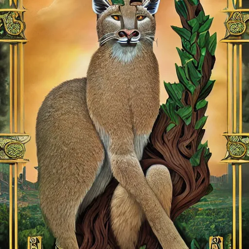 Image similar to a masterpiece hyperdetailed dnd tarot card, magnificent olive laurel wreaths as depicted in a colossal cute caracal marble statue, hd tarot card depicting monumental statue of a cute caracal hdr, 8 k, artstationhq, digital art