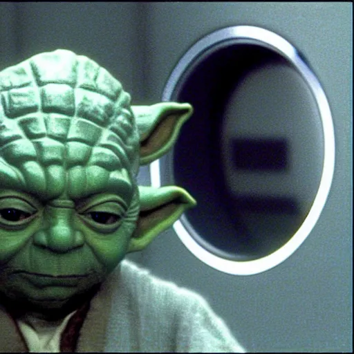 Image similar to master yoda using the urinal in the bathroom of the death star, movie scene from star wars 1 9 9 9