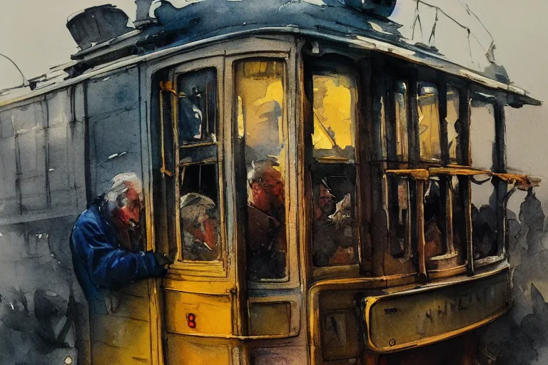 Prompt: small centered on watercolor paper, paint brush strokes, abstract watercolor painting of old man sitting on tram, poor and rugged, cinematic light, national romanticism by hans dahl, by jesper ejsing, by anders zorn, by greg rutkowski, by greg manchess, by tyler edlin