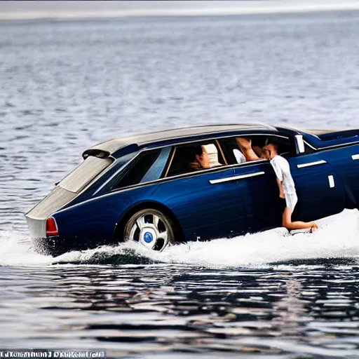 Image similar to Group of teenagers push Rolls-Royce into lake with their hands from a small slide