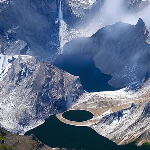 Image similar to very - distant aerial photograph of : a waterfall is falling from the peak of the world's tallest mountain down to a lake surrounded by a city at the base of the mountain. the waterfall is unbelievably tall.