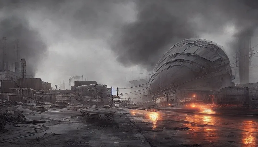 Image similar to Dieselpunk Norilsk city, giant zeppelins in the sky, steam, factory plants with dark smoke in the background, epic composition, intricate, elegant, volumetric lighting, digital painting, highly detailed, artstation, sharp focus, illustration, concept art, ruan jia, steve mccurry