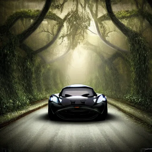 Prompt: magnificent mechanical steampunk vehicle shaped like a sports car with (((glowing))) lights abandoned on a road in lush forest with vines hanging from tree branches, fog, desaturated, beautiful, creepy ambiance, 4k, sharp focus, highly detailed, artgerm, giger