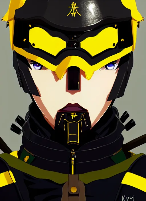 Image similar to anime portrait of a vicious helldiver scout soldier, black armor with yellow accents, closeup on face, ilya kuvshinov, anime, pixiv top monthly, trending on artstation, cinematic, danbooru, zerochan art, kyoto animation