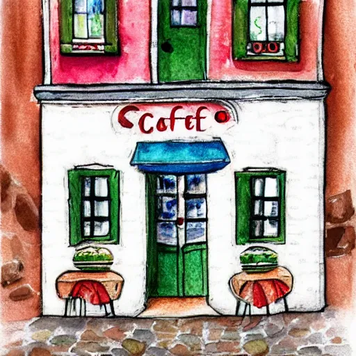 Image similar to beautiful cute cozy very little cafe on a cobblestone street, cute cartoon, low detail, white background, watercolor, 4 colors!!!