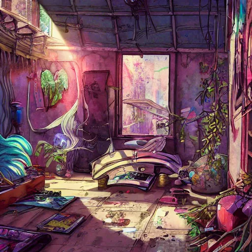 Prompt: painted anime background of the interior of a bedroom in the slums built from various coral seashells and being reclaimed by nature, nostalgia, vaporwave, litter, steampunk, cyberpunk, caustics, anime, vhs distortion, art created by miyazaki