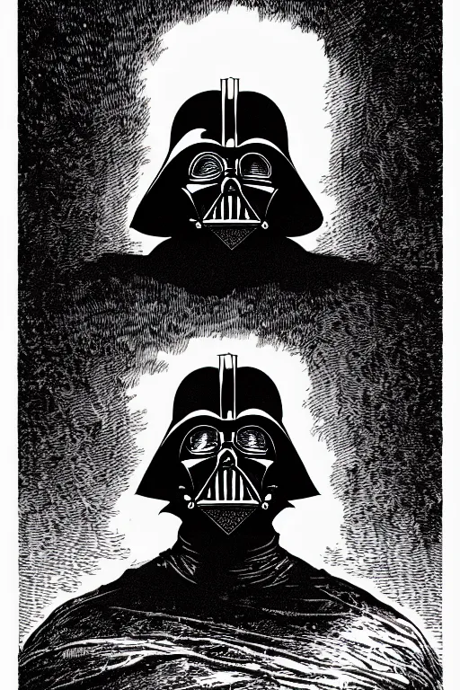 Image similar to horror death darth vader laurie greasley and rene magritte, etching by gustave dore, intricate, sharp focus, illustration, highly detailed, digital painting, concept art, masterpiece