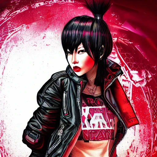 Image similar to a full body illustration of an Asian female cyberpunk character with red Mohawk, wearing oversized techwear jacket with one shoulder off revealing tank top underneath, torn punk leather pants, highly detailed, soft lighting, by Glenn Fabry, HD, 4K