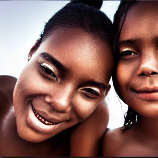 Image similar to beautiful serene intricate portrait of identical twins, one is black and one is white, taking a selfie, smiling softly, relaxing on the beach, golden hour, soft focus, 8 k, art by irakli nadar, hyperrealism, hyperdetailed, ultra realistic