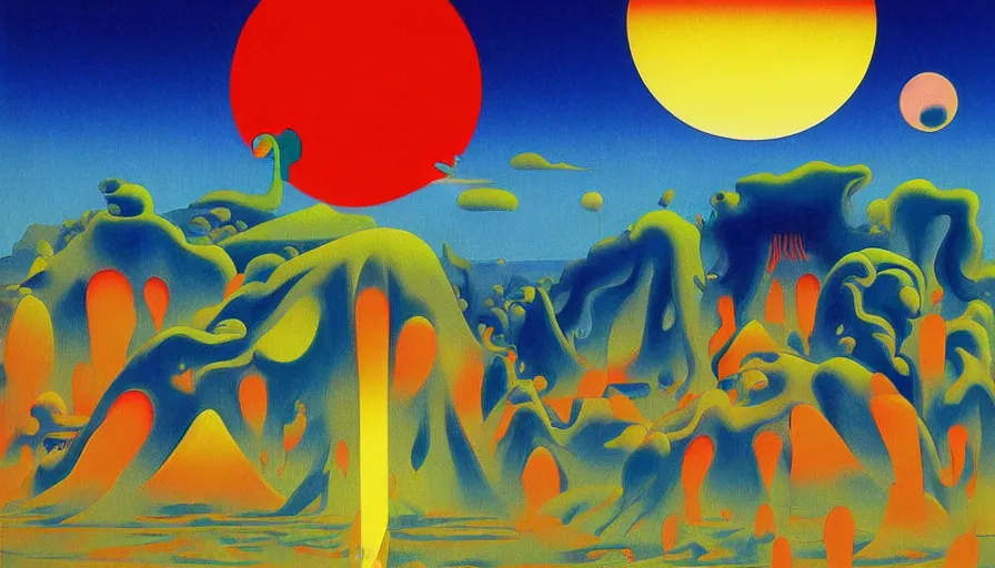 Image similar to Japan travel and tourism c2050, surrealist psychedelic painting in the style of Oxygene, Magritte, Roger Dean, Yoshio Awazu, vivid color