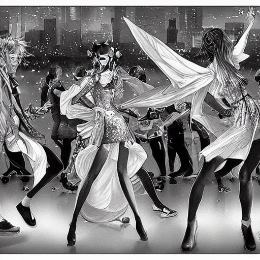 Image similar to people dancing at a night club, highly detailed, trending on artstation, artgerm, yoshitaka amano