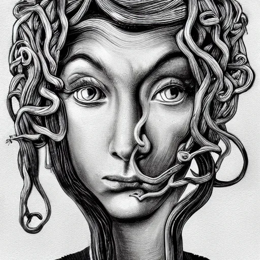 Image similar to medusa portrait painting, black and white, arstation, detailed, blurred background