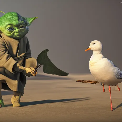 Image similar to Yoda smacking a seagull with a stick, hyperdetailed, artstation, cgsociety, 8k