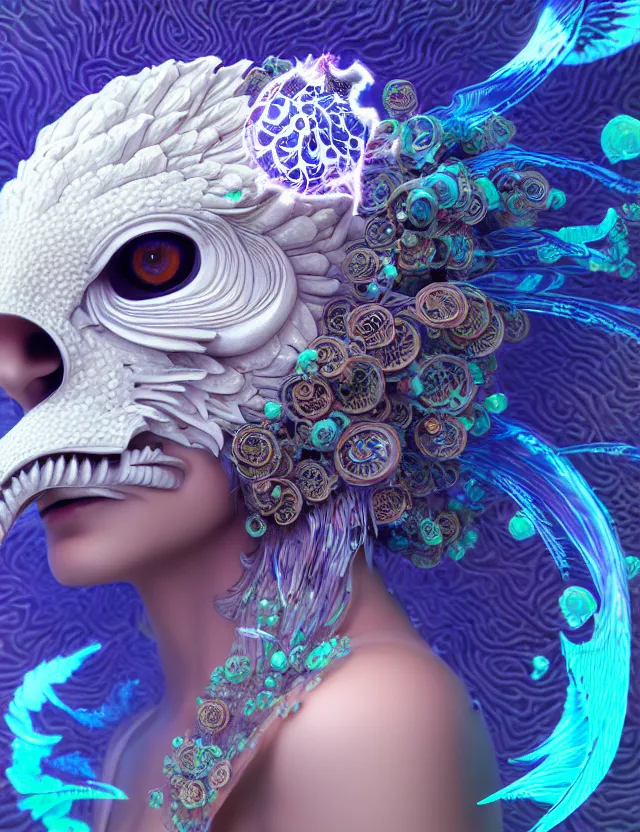 Image similar to 3 d goddess close - up profile solarpunk portrait ram skull. beautiful intricately detailed japanese crow kitsune mask and clasical japanese kimono. betta fish, jellyfish phoenix, fractal flame, bio luminescent, plasma, ice, water, wind, creature, artwork by tooth wu and wlop and beeple and greg rutkowski