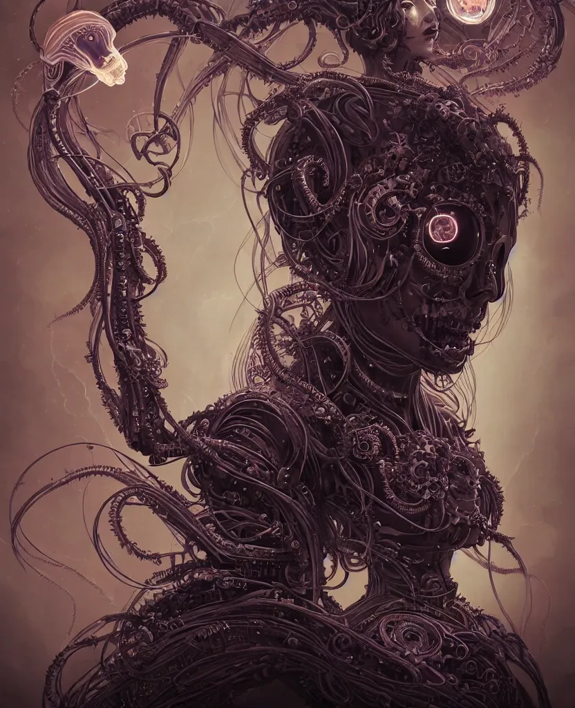 Prompt: queen of death. intricate portrait, occult cyberpunk, ancient futuristic, dark art, occult. intricate biomechanical, bioluminescent halo, cybernetic jellyfish, tentacles, by Petros Afshar, by artgerm, by Eddie Mendoza, by Peter mohrbacher by tooth wu, unreal engine, octane render, cinematic light, high details, iridescent colors