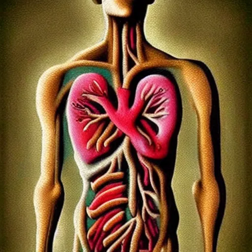 Image similar to human torso missing a heart, hole where the heart should be, creepy twisty art