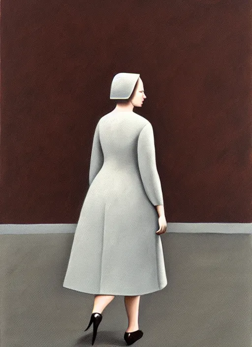 Prompt: a painting of a gorgeous woman walking toward the camera, in the style of gertrude abercrombie, digital art