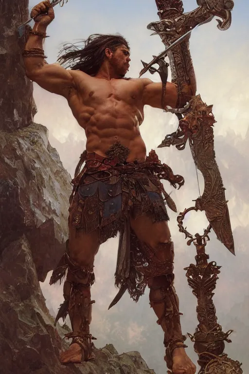 Image similar to full body image of muscular male barbarian holding sword in the air, intricate details, large sword, by Stanley Artgerm Lau, by greg rutkowski, by thomas kindkade, by alphonse mucha, loish, by norman rockwell J.