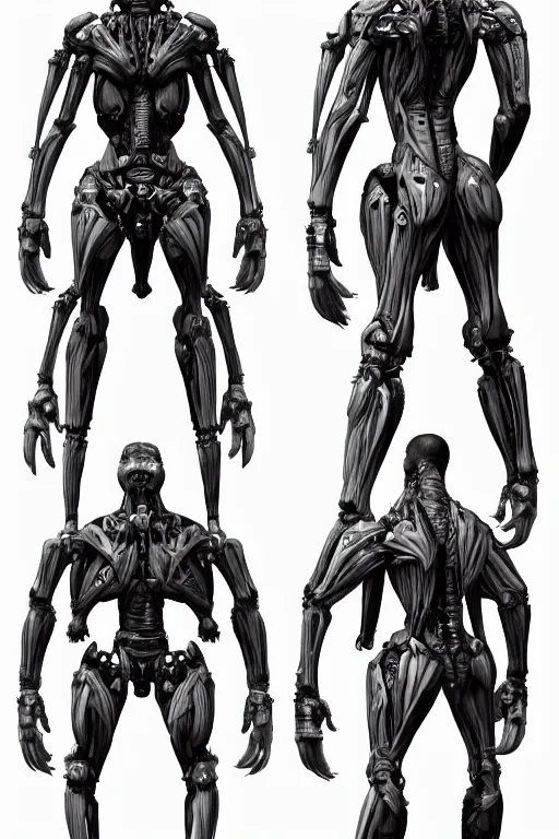 Image similar to very symmetrical!! cyborg space primate with gunmetal grey skin, medical muscle anatomy, cyberpunk face, highly detailed, japanese, mecha asthetic, mechanical implants, three - view reference sheet ( front / back / side ), in the style of dan ouellette, dren from splice, hr giger, sil from species, artstation, unreal engine