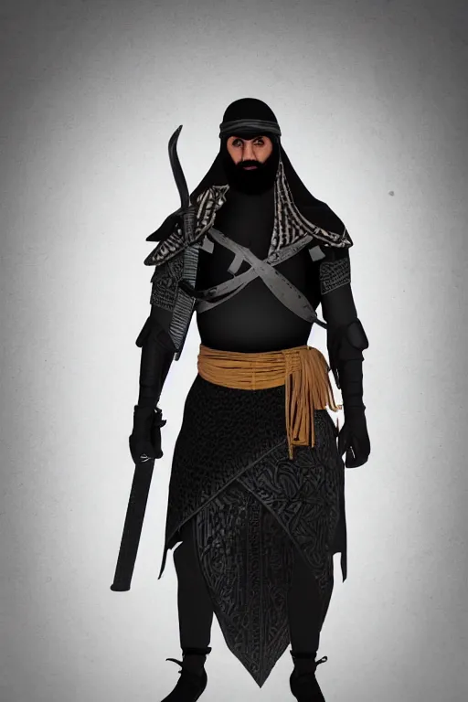 Image similar to Bedouin arab superhero, black vest, intimidating full body armor, Arabian sword, beard, nighttime, cinematic lighting first person view