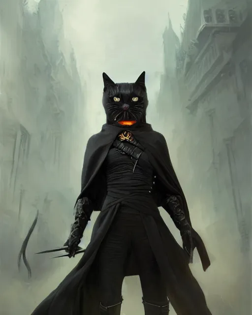 Prompt: oil painting of Anthropomorphized dark Cat Assassin, wearing dark cloak, holding dagger, evil look, sharp focus, fantasy style, octane render, volumetric lighting, 8k high definition, by greg rutkowski, highly detailed, trending on art Station, magic the gathering artwork, dark steampunk city backround, centered