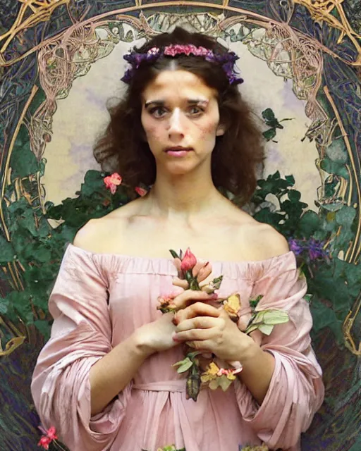 Image similar to an art nouveau portrait painting of a shy, blushing 1 6 - year old alicia vikander or millie bobby brown as a princess lying among flower petals, hair fanned around, intricate, elegant, highly detailed, artstation, concept art, by krenz cushart and donato giancola and william adolph bouguereau and alphonse mucha