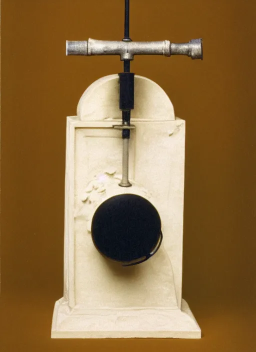 Image similar to realistic photo of a a medieval temple astronomy appliance pump, made of mustard wood white clay fluffy fur black plastic 1 9 9 0, life magazine photo, natural colors, museum collection