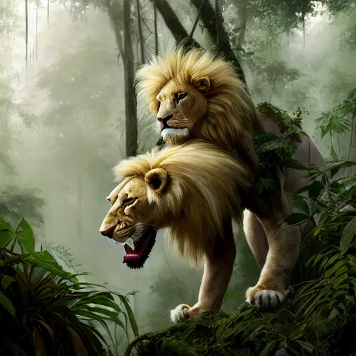 Image similar to commission portrait of a fit male anthro albino lion,dressed in jungle clothes,goung through a jungle.,dramatic,character design by charles bowater,greg rutkowski,ross tran,hyperdetailed,hyperrealistic,4k,deviantart,artstation,professional photography,concept art