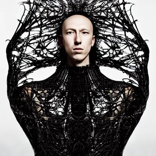 Prompt: a beautiful king wearing iris van herpen couture, photographed by andrew thomas huang