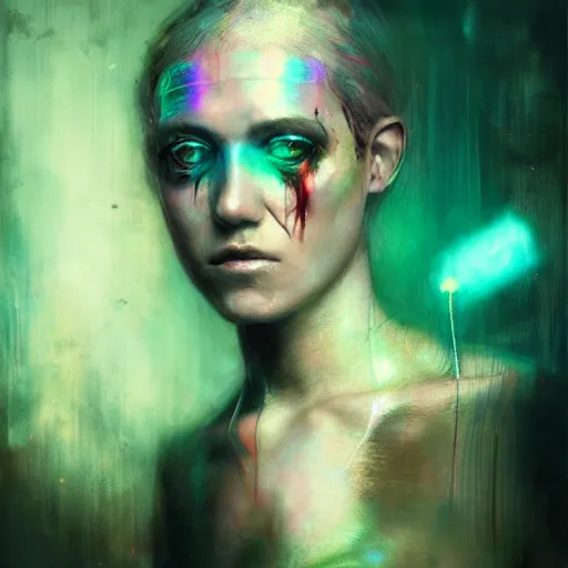 Image similar to female cyberpunk portrait by cy Twombly and BASTIEN LECOUFFE DEHARME, iridescent, volumetric lighting, neon glow