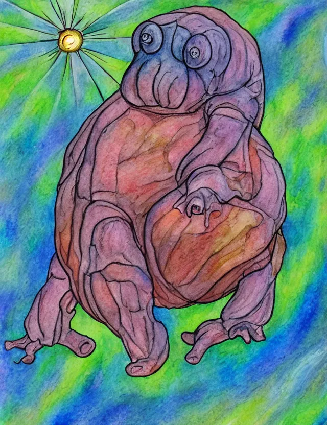 Image similar to tardigrade goddess, soft shading, dynamic lighting, watercolor and colored pencils, religious and spiritual themes